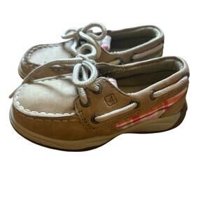 Sperry Top Sider tan‎ leather pink plaid baby boat shoes SIZE 6.5